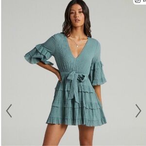 NWT Showpo Teal Mini Dress with Ruffle Sleeves